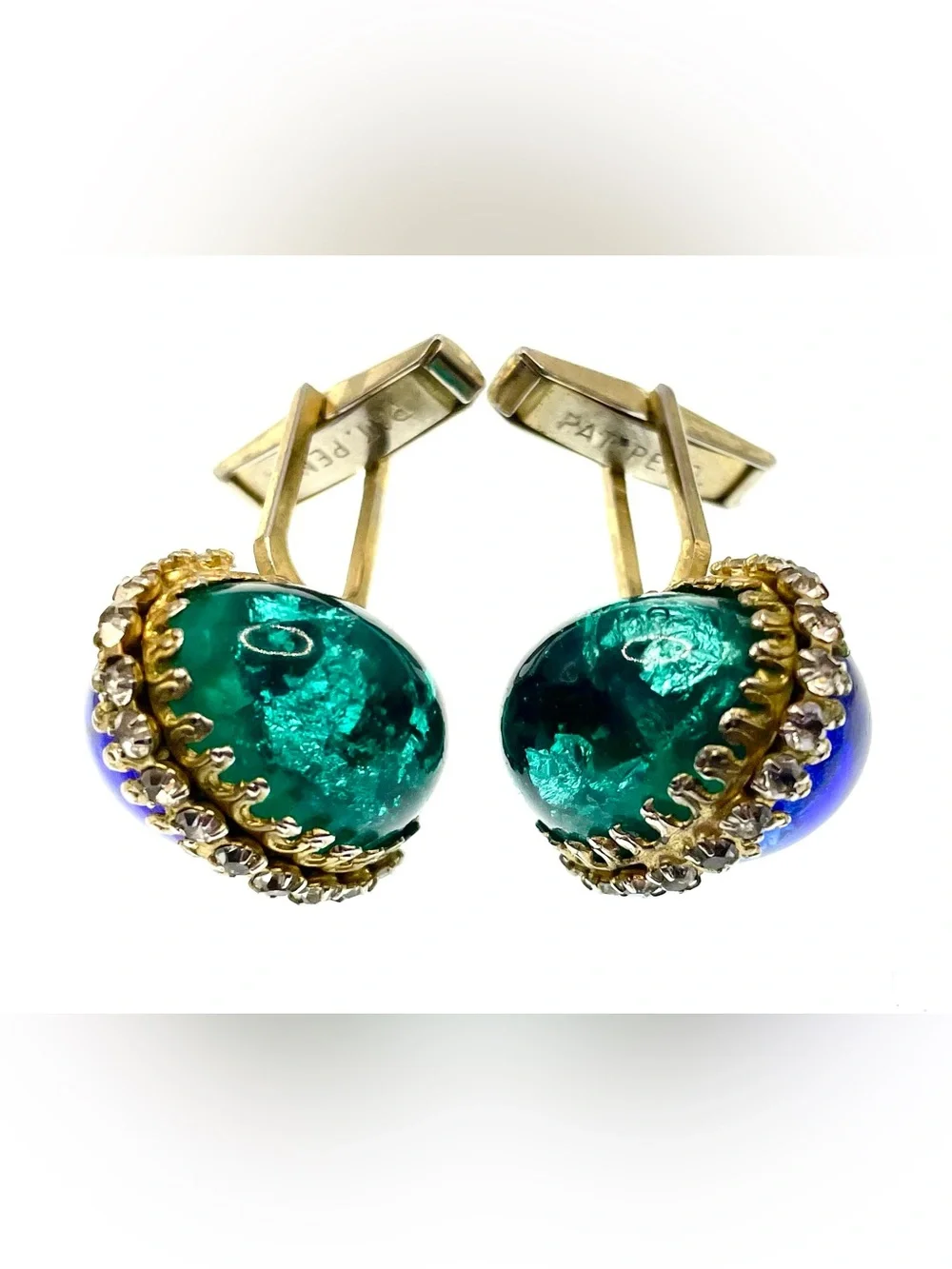 Vintage Blue Green Art Glass Rhinestone Gold Tone Cufflinks MCM Statement